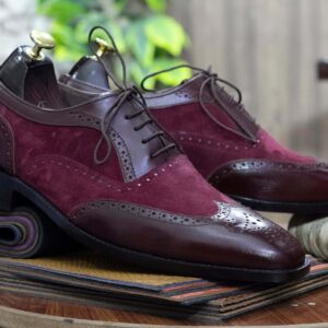 Men's Hand Painted Cordovan Leather Suede Shoes, Wing Tip Shoes, Brogue Toe Lace Up Shoes