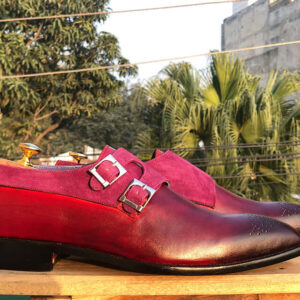 Bespoke Burgundy Purple Leather Suede Monk Strap Shoes - leathersguru