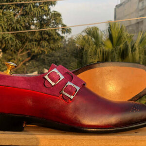 Bespoke Burgundy Purple Leather Suede Monk Strap Shoes - leathersguru