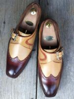 Men's Tan Burgundy Wing Tip Monk Leather Shoes - leathersguru