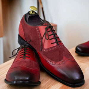 Handmade Burgundy Leather Suede Wing Tip Shoes, Men's Oxford Dress Shoes