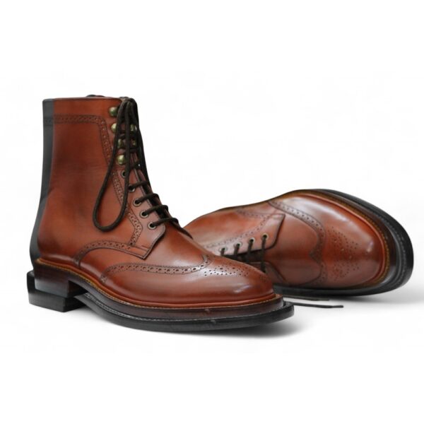 Ankle High Brown Wing Tip Brogue Lace Up Leather Boots - leathersguru