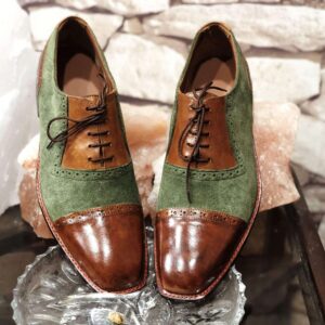 Handmade Men's Brown Green Leather Suede  Cap Toe Shoes - leathersguru