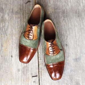 Handmade Men's Brown Green Leather Suede  Cap Toe Shoes - leathersguru