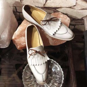 Handmade Men's White Leather Split Toe Fringe Shoes - leathersguru