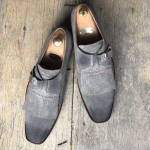 Handmade Gray Fringe Buckle Suede Shoes For Men's - leathersguru