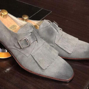 Handmade Gray Fringe Buckle Suede Shoes For Men's - leathersguru