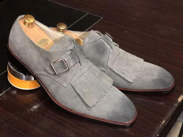 Handmade Gray Fringe Buckle Suede Shoes For Men's - leathersguru