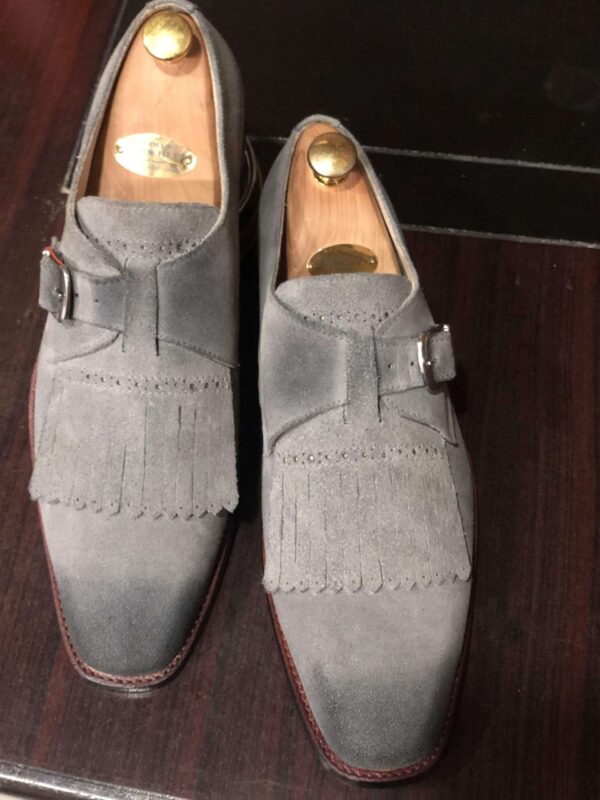 Handmade Gray Fringe Buckle Suede Shoes For Men's - leathersguru