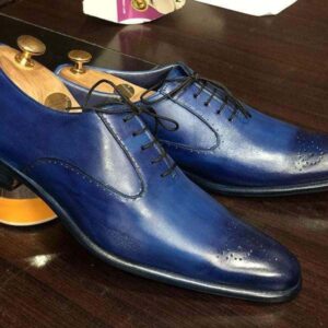 Handmade Blue Leather Brogue Pointed Toe Lace Up Shoe - leathersguru