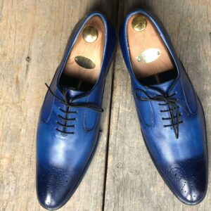 Handmade Blue Leather Brogue Pointed Toe Lace Up Shoe - leathersguru