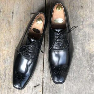 Handmade Black Leather Brogue Pointed Toe Shoe - leathersguru