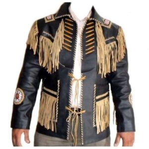 Men's Leather Jacket Western Wear Cowboy Black Beige Fringe Jacket - leathersguru