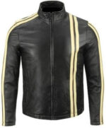 Leather Skin Men Black Biker Motorcycle Leather Jacket with Yellow Stripes - leathersguru