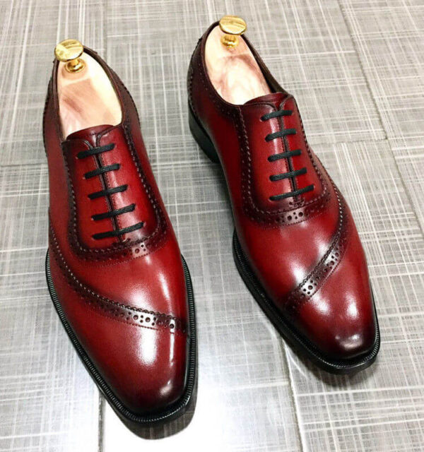 Luxury Men's Fashion Shoes Handmade Genuine Burgundy Leather Formal Dress Shoes