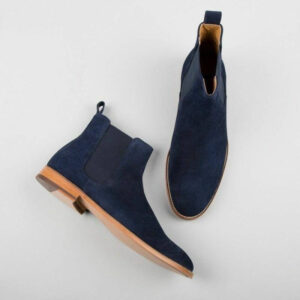 Handmade Men's Ankle High Suede Navy Blue Chelsea Boot - leathersguru