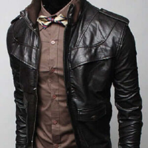 MEN BLACK SLIM FIT LEATHER JACKET WITH RIB COLLAR, MENS SLIM FIT JACKET