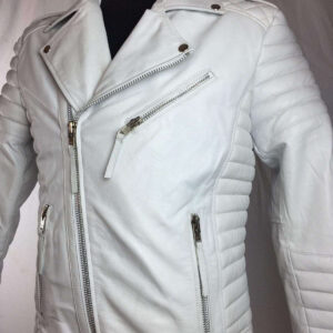 Men's Genuine Lambskin Leather Biker Jacket Motorcycle Style White Color Jacket - leathersguru