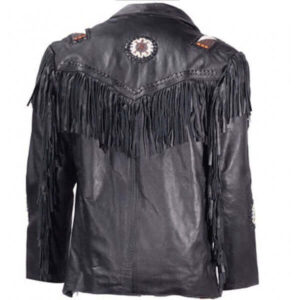 MENS WESTERN TRAPPER STYLE LEATHER JACKET FRINGES BEADS