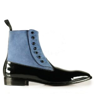 Handmade Blue Black Pure Leather Suede Stylish Button Top Ankle Boot