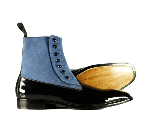 Handmade Blue Black Pure Leather Suede Stylish Button Top Ankle Boot