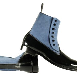 Handmade Blue Black Pure Leather Suede Stylish Button Top Ankle Boot