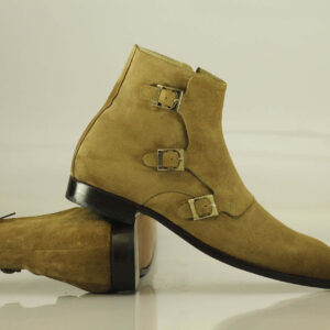 Handmade Tripple Monk Strap Beige Colour,Men's Suede Ankle High Boot