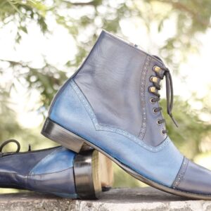 Two Tone Blue Leather Lace Up Ankle Boot,For Men