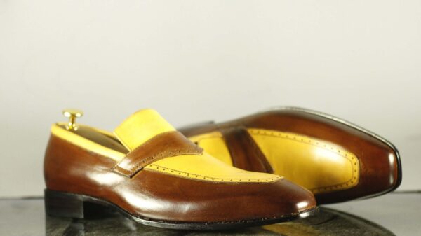 Handmade Brown Yellow Penny Loafers shoes, Dress shoes - leathersguru