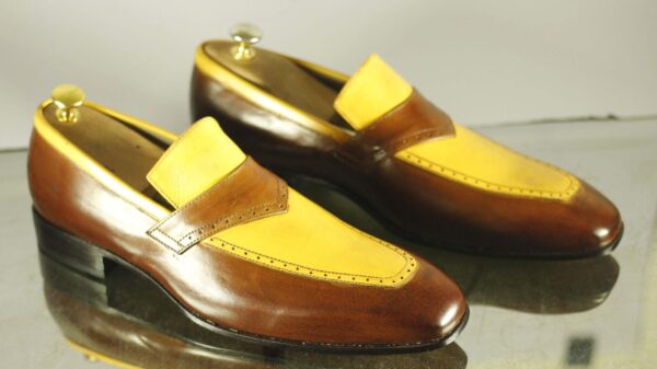 Handmade Brown Yellow Penny Loafers shoes, Dress shoes - leathersguru