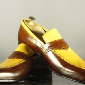 Brown Yellow Loafer Leather Shoes For Men's