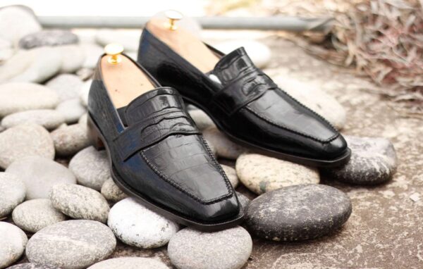 Handmade Black Penny Loafers Alligator Leather shoes, Dress shoes - leathersguru