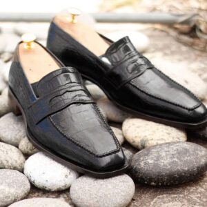 Black Alligator Leather Penny Loafer Shoes For Men's