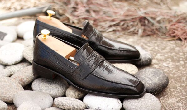 Handmade Black Penny Loafers Alligator Leather shoes, Dress shoes - leathersguru