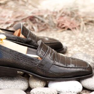 Handmade Black Penny Loafers Alligator Leather shoes, Dress shoes - leathersguru