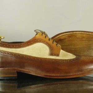 Handmade Brown Beige Wing Tip Leather Suede shoes, Dress shoes - leathersguru