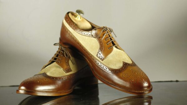 Men's Bespoke Beige Brown Wing Tip Lace Up Shoes - leathersguru