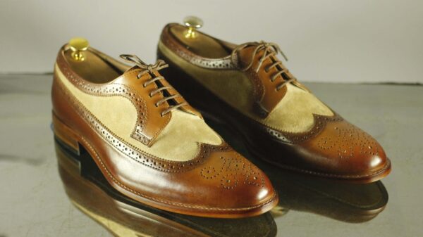 Men's Bespoke Beige Brown Wing Tip Lace Up Shoes - leathersguru