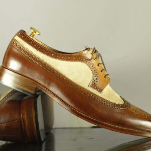 Men's Bespoke Beige Brown Wing Tip Lace Up Shoes - leathersguru