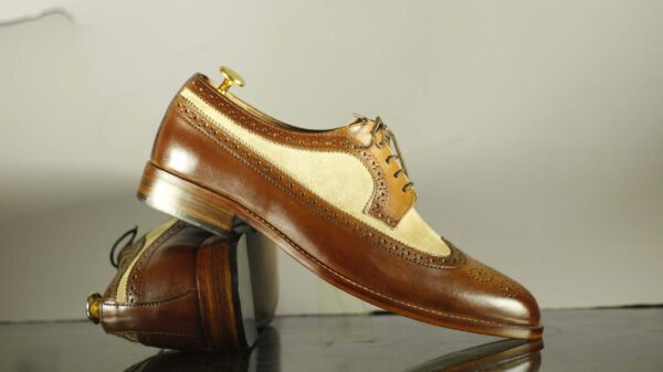 Men's Bespoke Beige Brown Wing Tip Lace Up Shoes - leathersguru