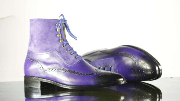 Handmade Ankle Indigo Wing Tip Lace Up Leather Suede Boot - leathersguru