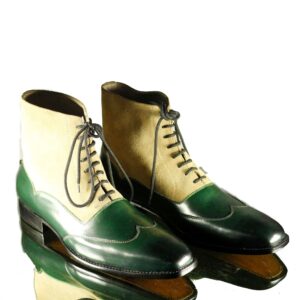 Designer Green Beige Ankle Boots, Leather Suede Boots - leathersguru