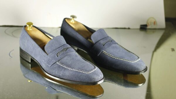 Handmade Blue Suede Penny Loafer Shoes,Men's Formal Shoes