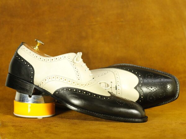 Handmade Black & White Win Tip Brogue Lace Up Shoes , Men's Oxford Leather Shoes