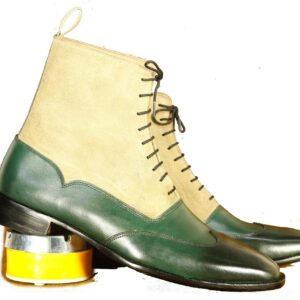 Handmade Beige Green Wing Tip Lace Up Boots for Men - leathersguru