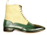 Handmade Beige Green Wing Tip Lace Up Boots for Men - leathersguru