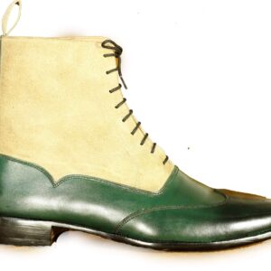 Handmade Beige Green Wing Tip Lace Up Boots for Men - leathersguru