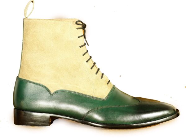 Handmade Beige Green Wing Tip Lace Up Boots for Men - leathersguru