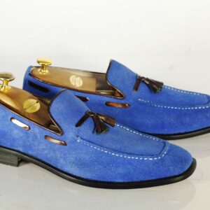 Handmade Royal Blue Suede Moccasins Loafer Shoes - leathersguru