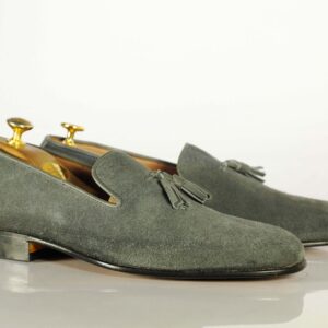 Bespoke Gray Tussles Penny Loafer Suede Shoes - leathersguru